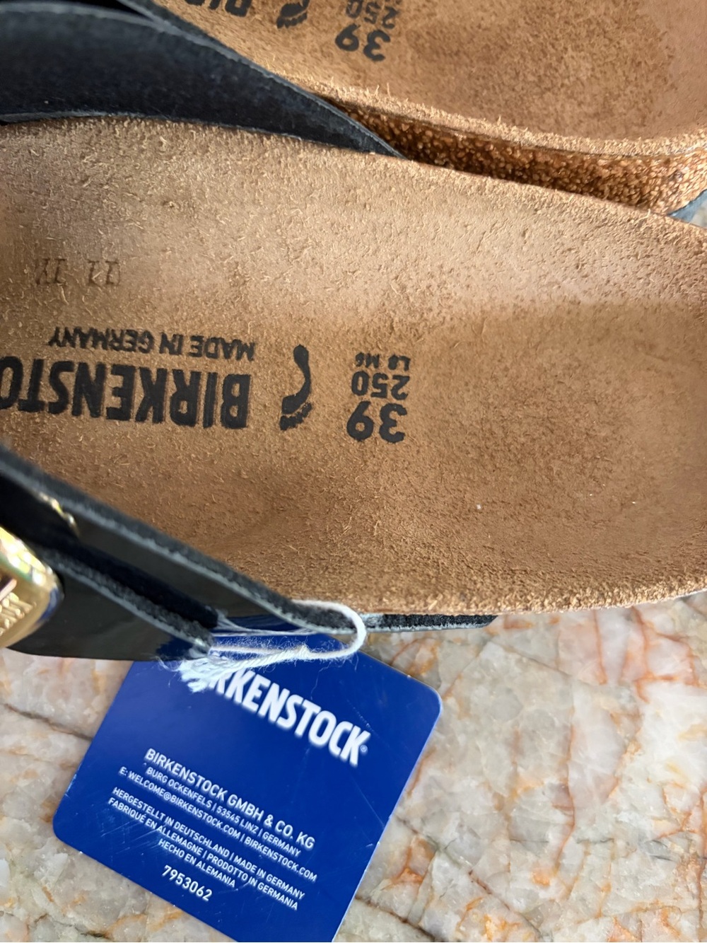Birkenstock Black Patent Madrid Sandals with Gold Buckle Detail - Picture 2 of 3